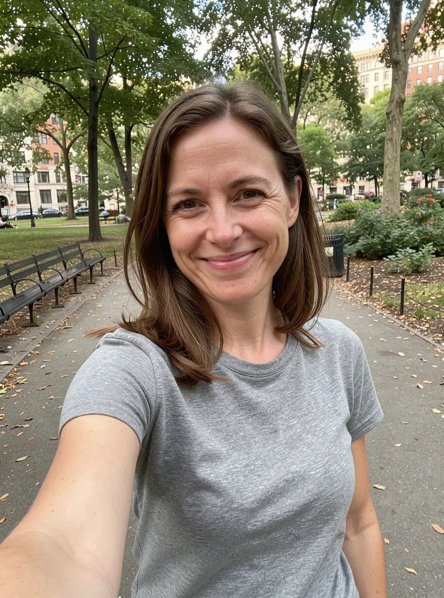 A casual selfie of a woman in a park