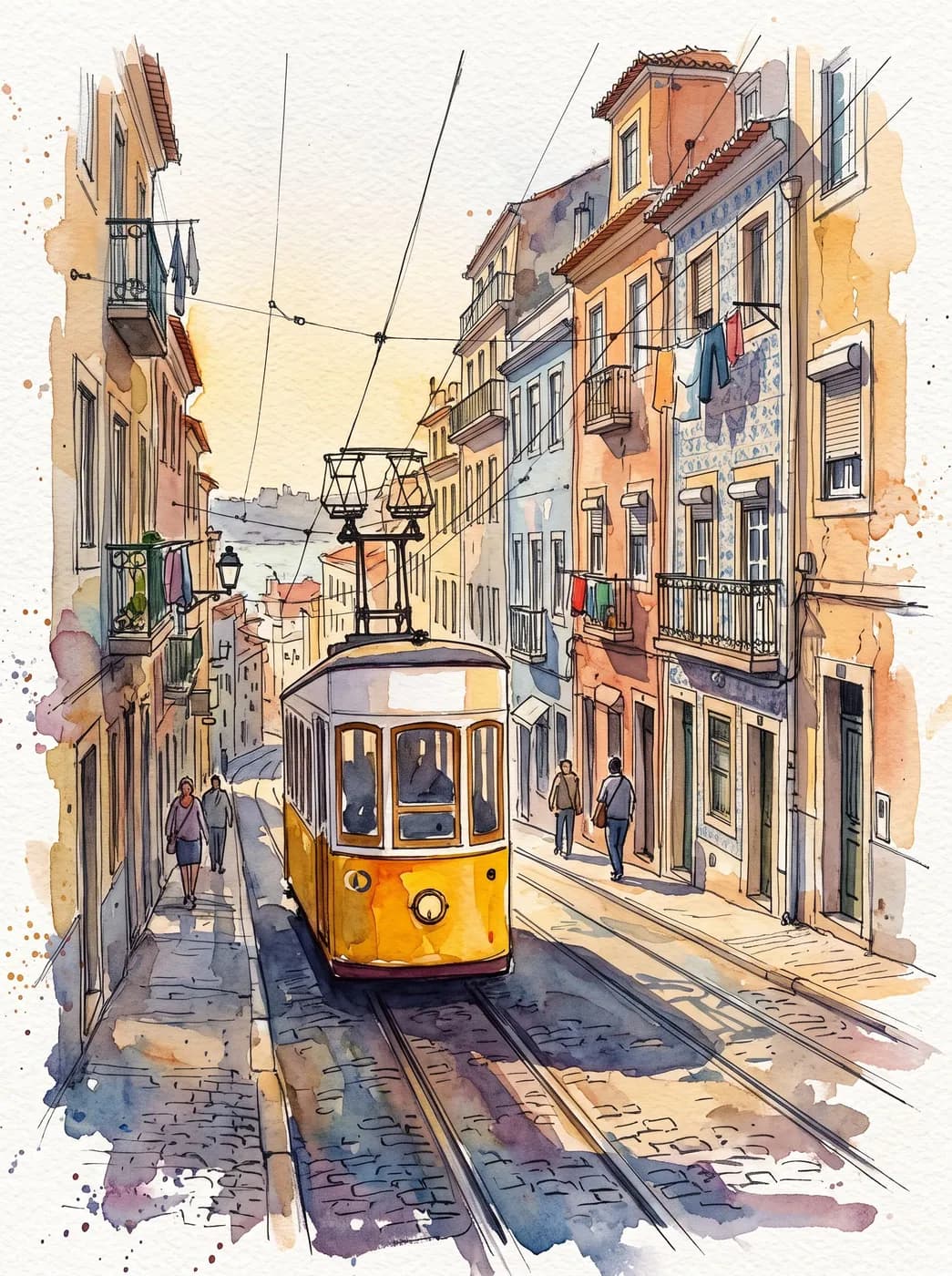Loose watercolor painting of a yellow Lisbon tram on a steep cobbled street, warm afternoon light, visible paper texture