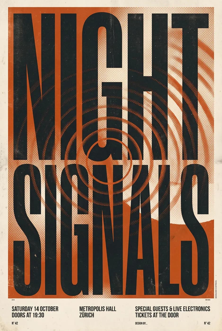 Minimal Swiss-style concert poster that reads NIGHT SIGNALS in huge bold condensed type, burnt orange and off-black, halftone dot texture, small details text at the bottom