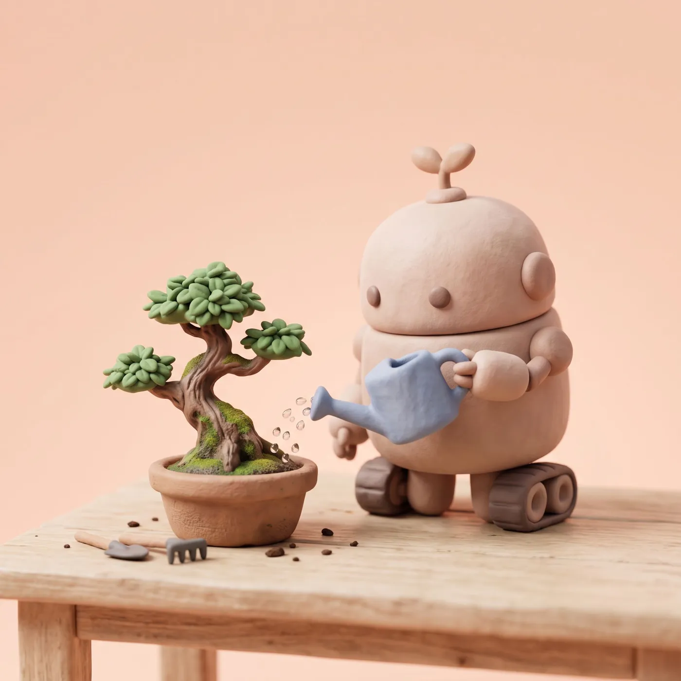 Cute clay-render robot gardener watering a tiny bonsai tree, soft pastel peach studio background, 3D render, soft global illumination