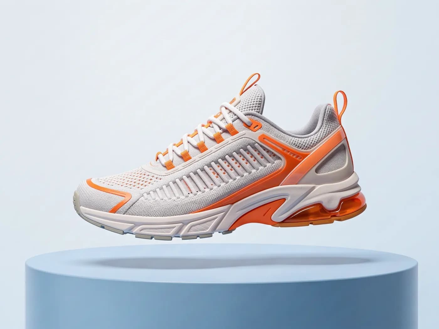 Studio product shot of a futuristic white and orange knit sneaker floating above a pastel blue pedestal, soft shadows, commercial advertising photography