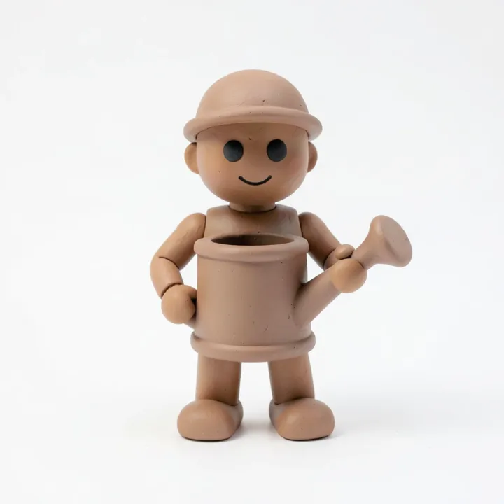 A small clay robot gardener holding a watering can, the concept image for a 3D model