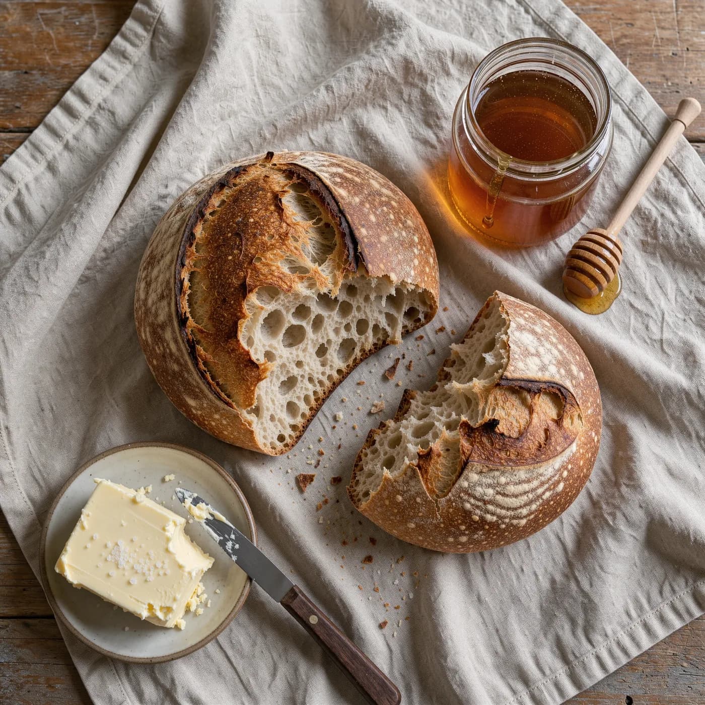 Overhead shot of a rustic sourdough loaf torn open, salted butter and a jar of honey on wrinkled linen, soft natural morning light